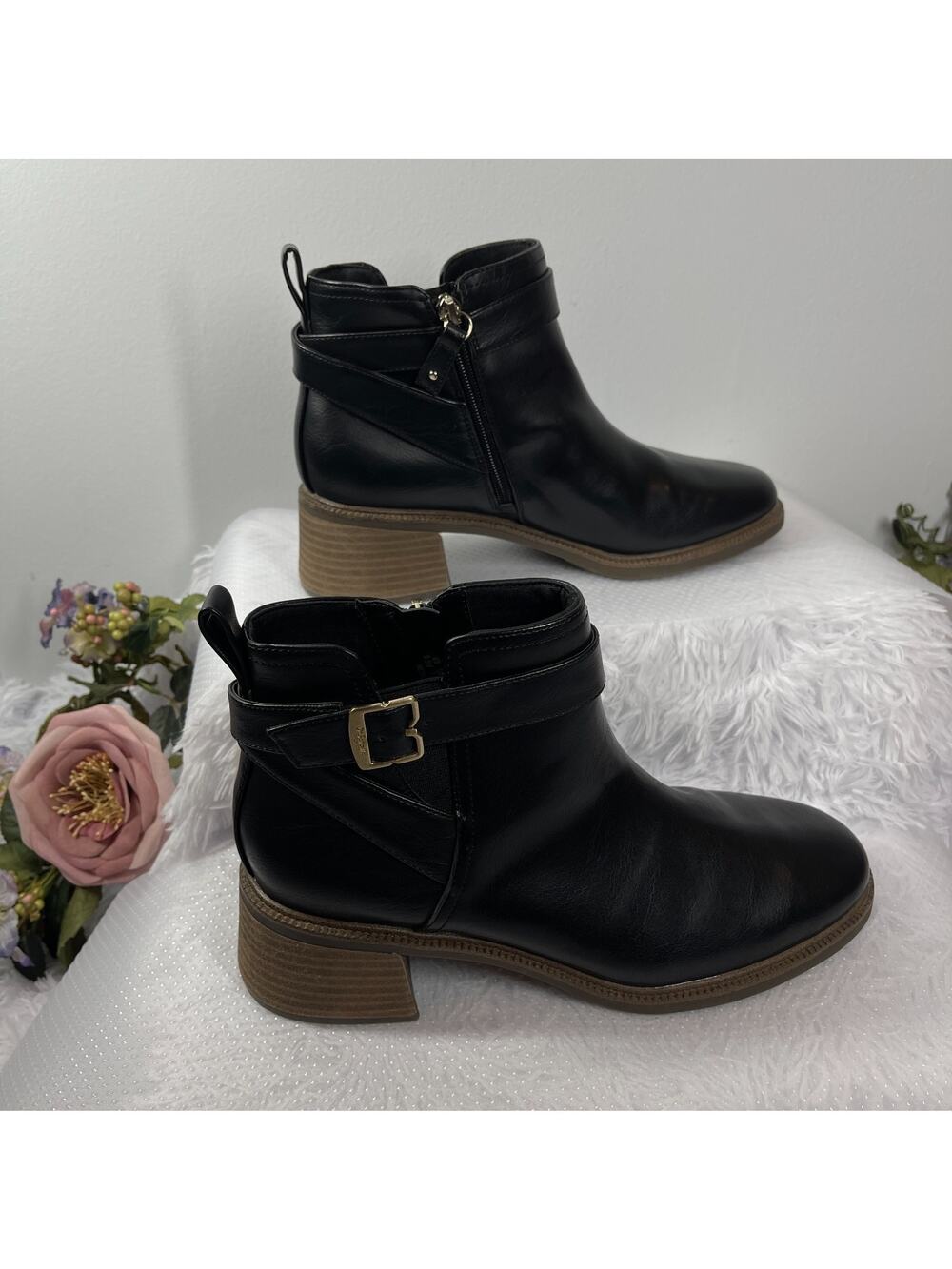 Dr. Scholl's Retrospect Ankle Boots Women's 9.5M Black Leather Buckle Minimalist